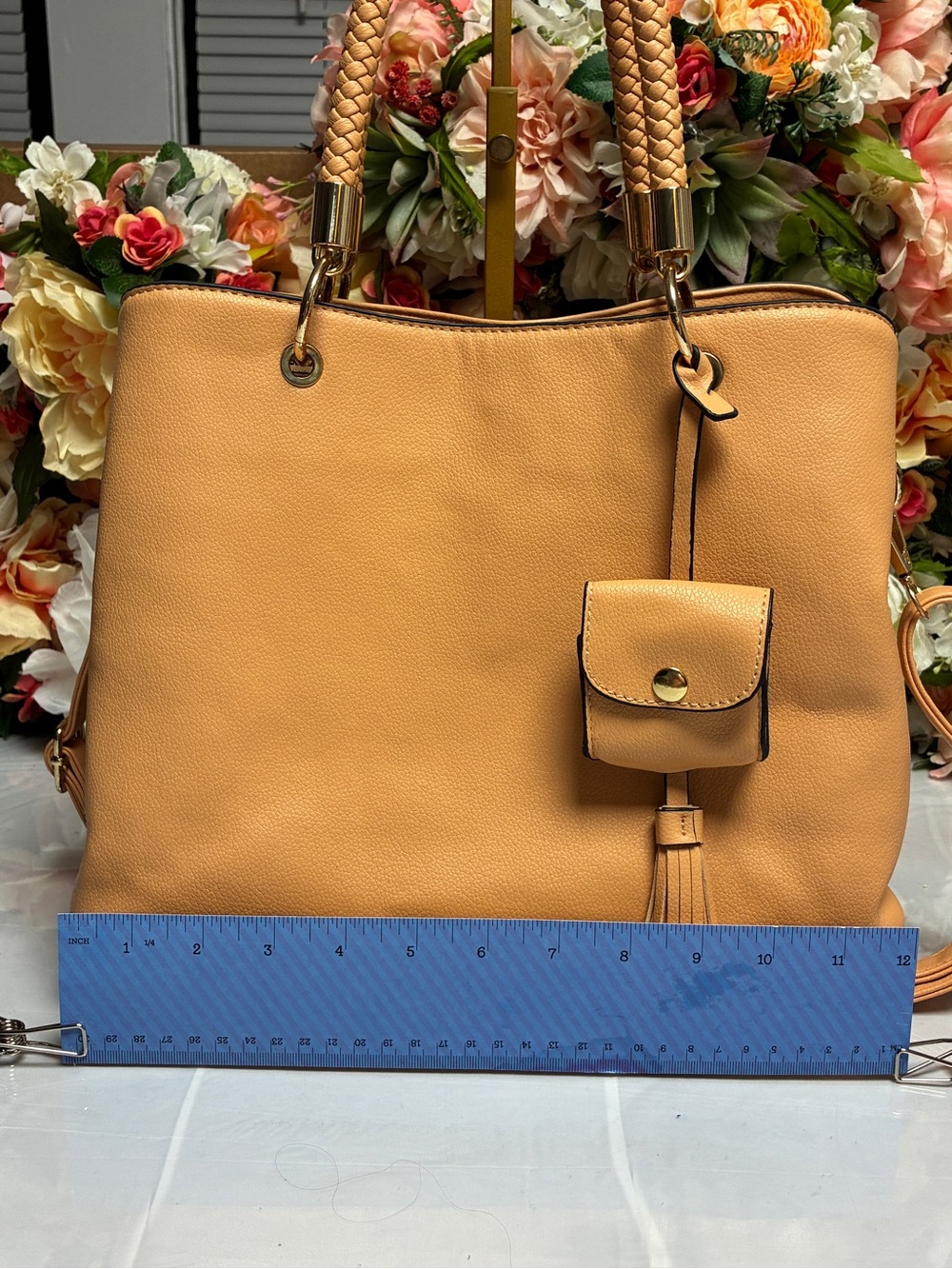 Structured Satchel Tan Braided Handles Tassel Crossbody Tote Bag - Picture 10 of 15